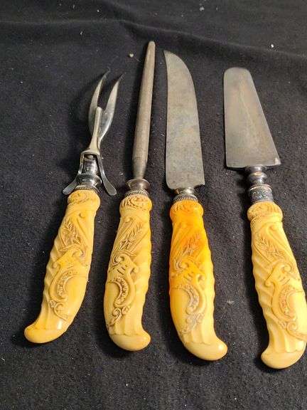 1930 Frary & Clark yellow cellidoid handles knives, forks & serving set 26 pieces