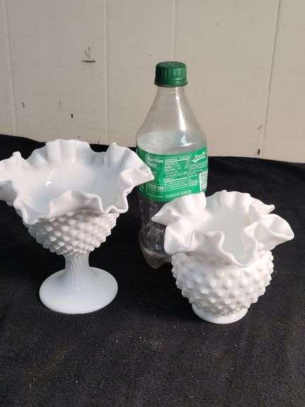 2 Hobnail milk glass pieces- compote and dish