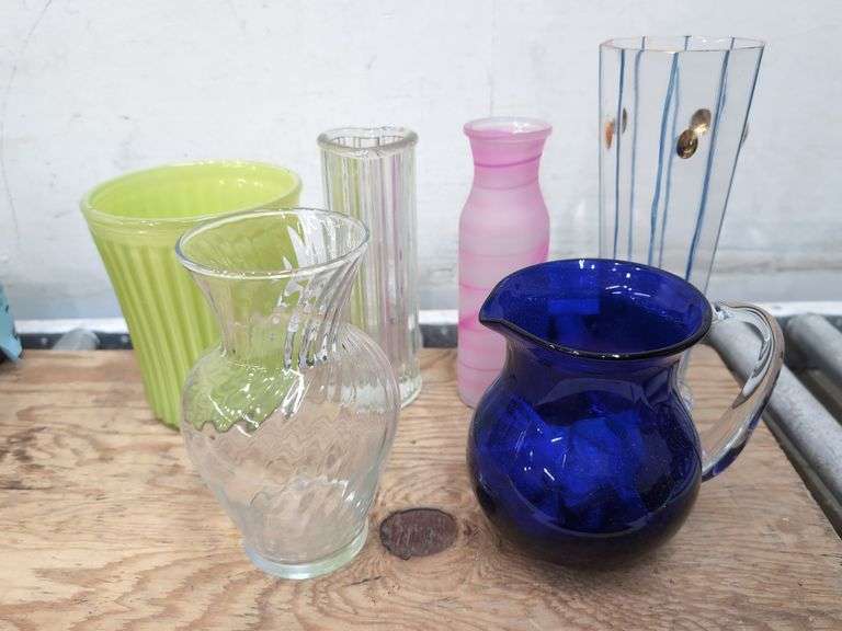Assortment of glass vases, cobalt blue pitcher. 1d