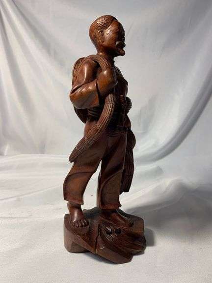 Antique Chinese Wood Hand Carved Fisherman Sculpture