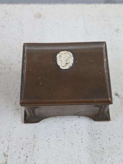 Benedict Studios Bronze Jewelry Box with Cameo Design & Gold Finish Candlestick. 6B