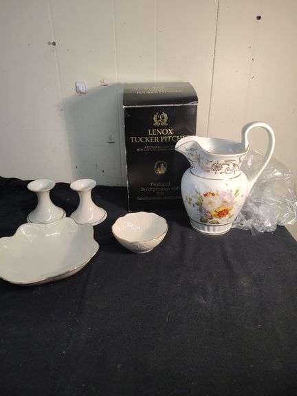 Lenox pitcher 2 dishes and candle holders