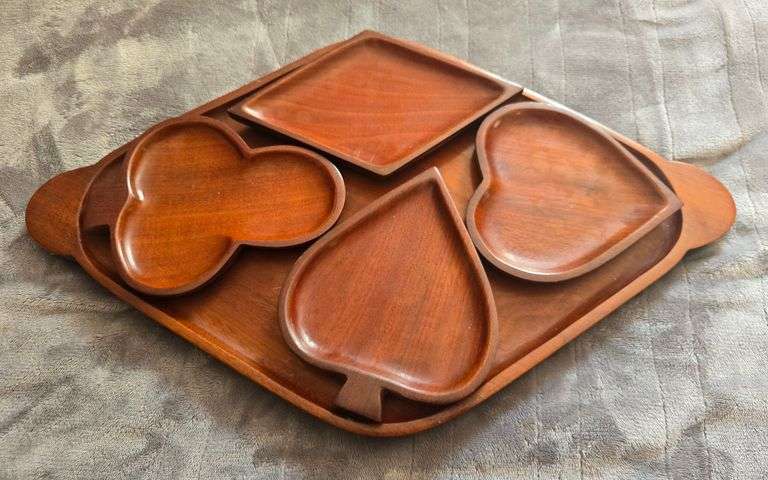 Vintage Wooden Serving Tray w/Dishes Shaped Like Playing Card Suits - Mahogany