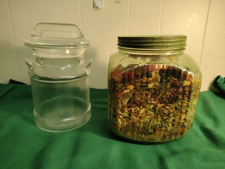 2 Vintage counter jars- 1 is Vaseline glass