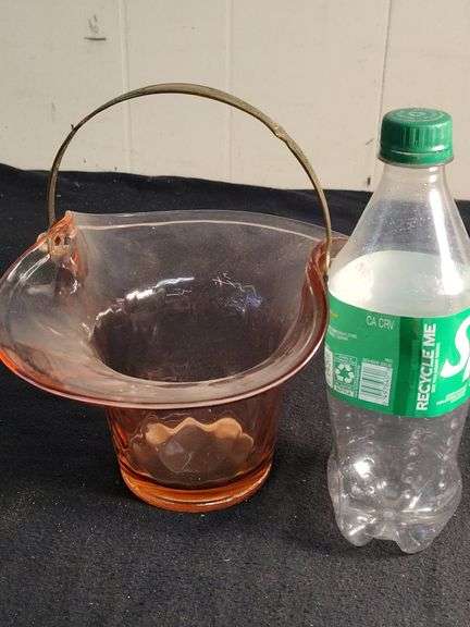 Pink depression glass basket