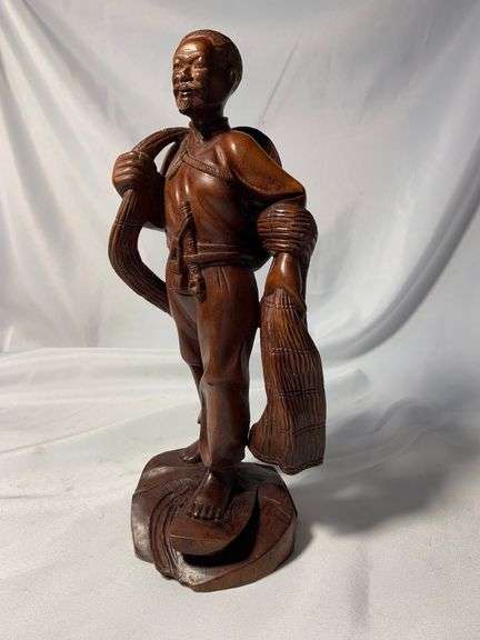 Antique Chinese Wood Hand Carved Fisherman Sculpture