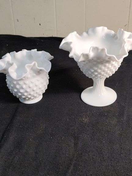 2 Hobnail milk glass pieces- compote and dish