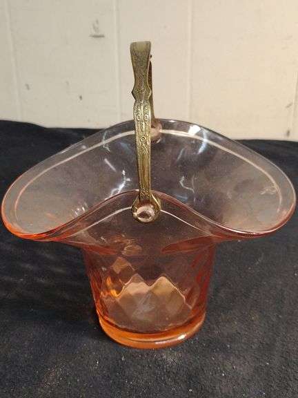 Pink depression glass basket