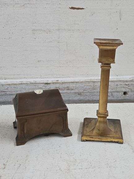 Benedict Studios Bronze Jewelry Box with Cameo Design & Gold Finish Candlestick. 6B