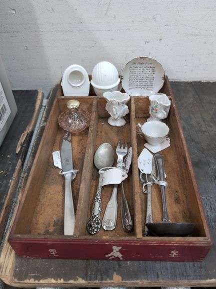 Antique wood flatware divider, includes contents. 1b