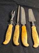 1930 Frary & Clark yellow cellidoid handles knives, forks & serving set 26 pieces