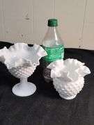 2 Hobnail milk glass pieces- compote and dish