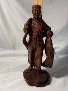 Antique Chinese Wood Hand Carved Fisherman Sculpture