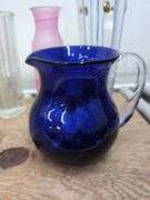 Assortment of glass vases, cobalt blue pitcher. 1d
