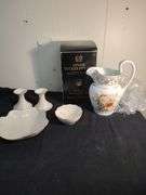 Lenox pitcher 2 dishes and candle holders