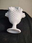 2 Hobnail milk glass pieces- compote and dish