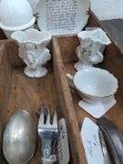 Antique wood flatware divider, includes contents. 1b