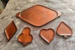 Vintage Wooden Serving Tray w/Dishes Shaped Like Playing Card Suits - Mahogany