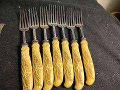 1930 Frary & Clark yellow cellidoid handles knives, forks & serving set 26 pieces