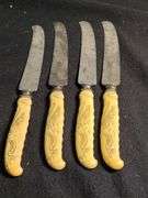 1930 Frary & Clark yellow cellidoid handles knives, forks & serving set 26 pieces