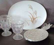 EAPG Ribbon Candy Spooner and Wheat Pattern Platter and Wiltonware Pineapple Tray.