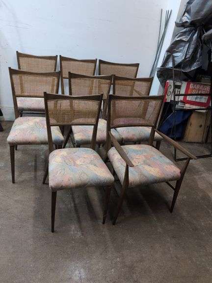 Set of 8 MCM Widdicomb wicker back dining chairs, includes 2 Captain's chairs (BIN $1,200)