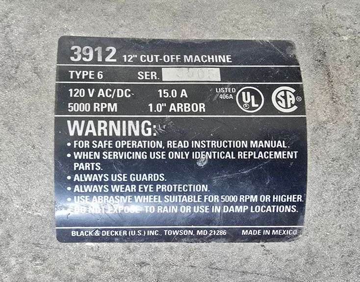 Black & Decker 12" Cutoff Concrete Saw 120V 15A 5000RPM, 3912 TYP 3