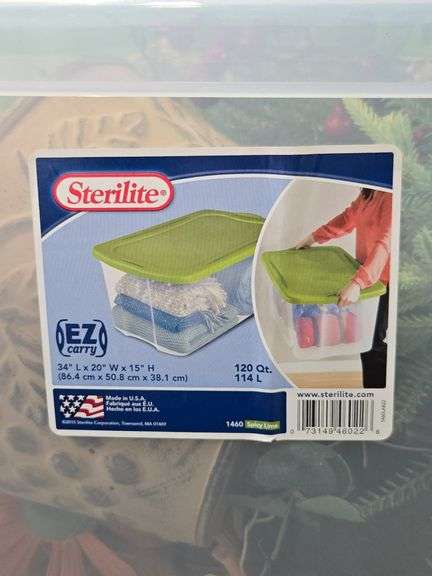 120 Qt. Storage Tote with Lid Full of Various Holiday Decorations. 11B