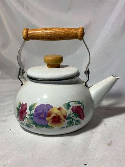 Vintage Enamel Lincoware Tea Pot Kettle White Flowers Pattern Wood Handles RARE