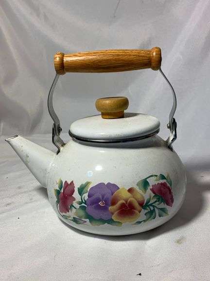Vintage Enamel Lincoware Tea Pot Kettle White Flowers Pattern Wood Handles RARE