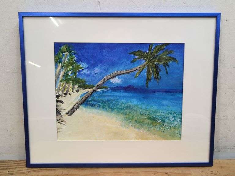 Original framed art beach scene 20.5" x 16.5". AC