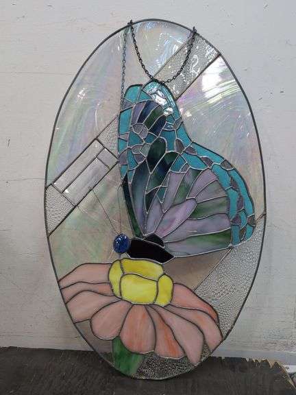 Stained glass oval butterfly window hanging 18.5" x 28.5"