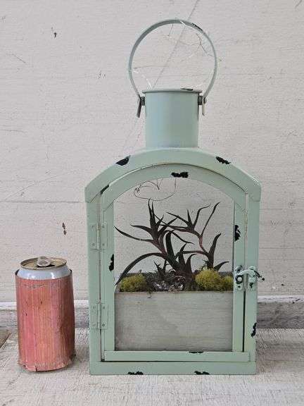 Distressed Green Lantern with Faux Plant & LED Lantern. 5C