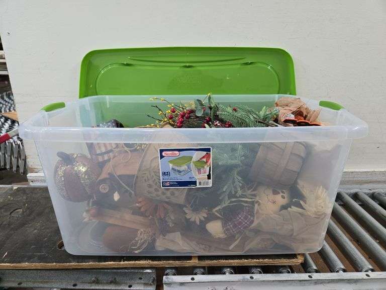 120 Qt. Storage Tote with Lid Full of Various Holiday Decorations. 11B