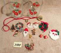 Vintage Christmas brooches and earrings. Beautiful leaded glass ornament.