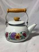 Vintage Enamel Lincoware Tea Pot Kettle White Flowers Pattern Wood Handles RARE