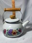 Vintage Enamel Lincoware Tea Pot Kettle White Flowers Pattern Wood Handles RARE