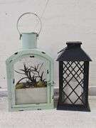 Distressed Green Lantern with Faux Plant & LED Lantern. 5C