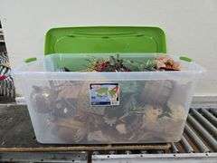 120 Qt. Storage Tote with Lid Full of Various Holiday Decorations. 11B