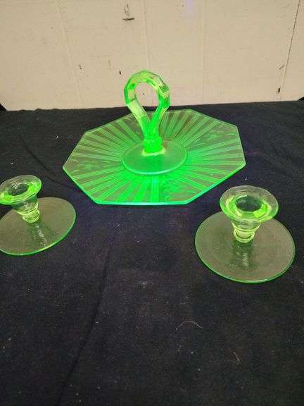 Vaseline tidbit tray and a pair of candle holders