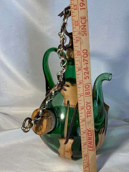 Vintage Green Italian Hand Blown Glass Wine Decanter with Ice Chamber