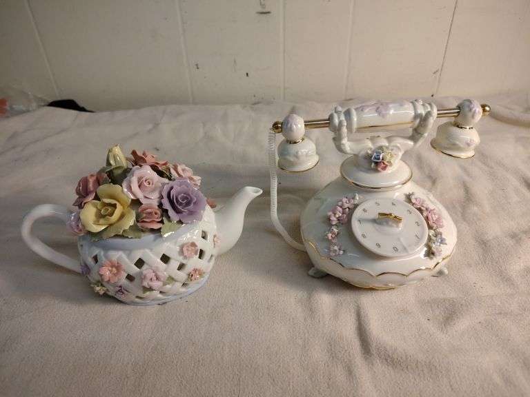 Telephone and teapot music box figurines