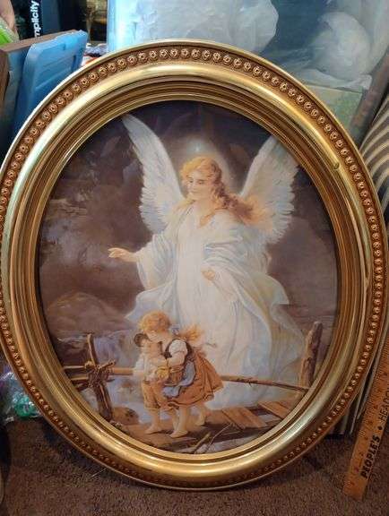 Vintage gold oval frame Guardian Angel watching over children 23 1/2"×19"