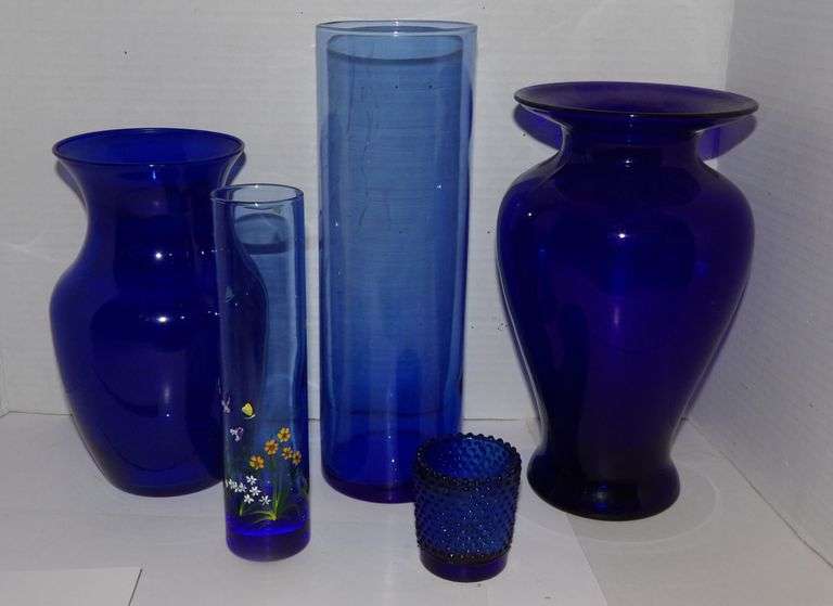 Cobalt Blue Glass Vases and Candle Cup (Hand Painted Vase by Laura of Williamston)
