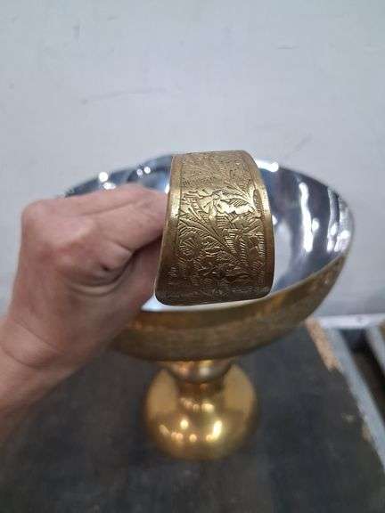 Etched Brass bowl with ladle and 12 cups. 2a