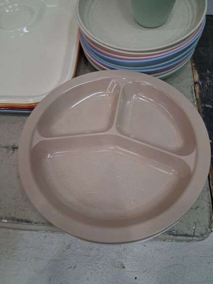 Anchor hocking divided plates, Rubbermaid trays, and wheatstraw plates and cups. 7e