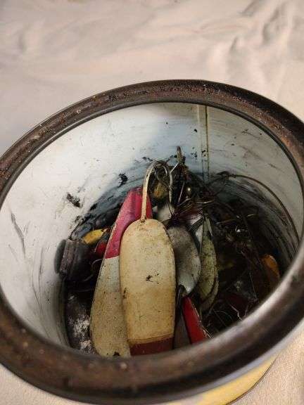 Vintage Cigarette tobacco tin with vintage fishing lures