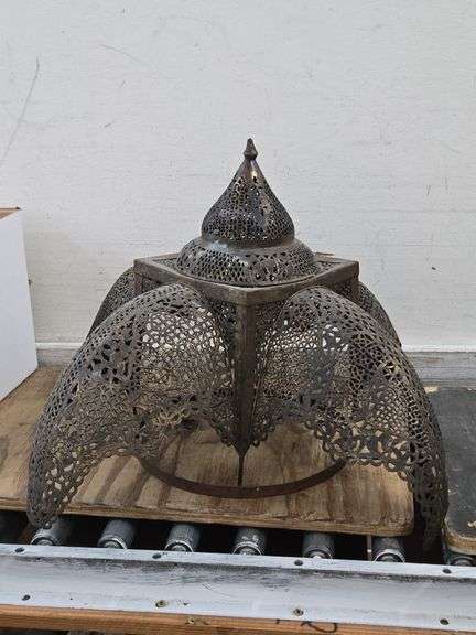 Two Middle Eastern Pierced Brass Lamp Shades. 6E