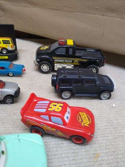 Cars and truck lot and metal cowboy, husky, Tootsie toys, Leslie, Hot Wheels more