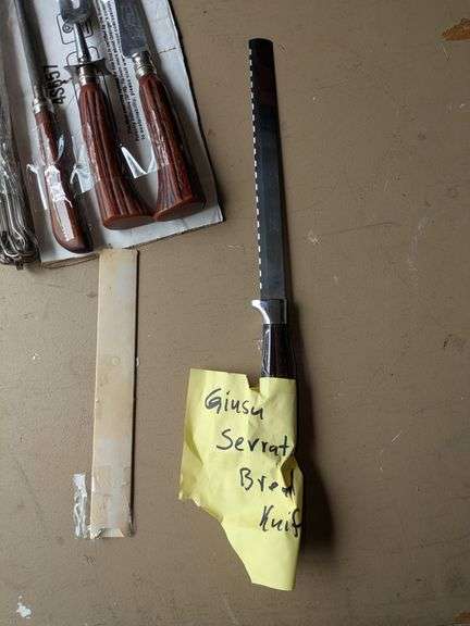 Knife Assortment New Gisu Serrat Knife, 12 new 12 inch skewers, meat fork, sharpener rod